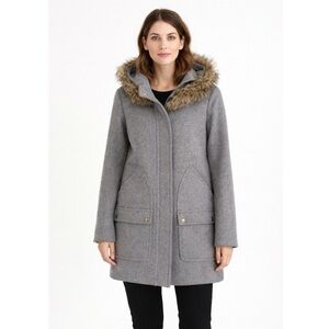 J. Crew Gray Hooded Coat with Faux Fur Trim